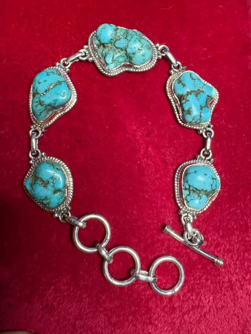 Bracelet Natural Raw Turquoise Stone Sterling Silver Link Bracelet Southwestern